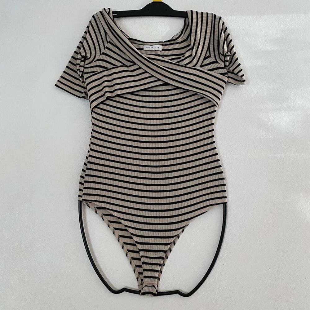 Socialite Ribbed Striped Wrap Bodysuit Beige Black Short Sleeve Size XS